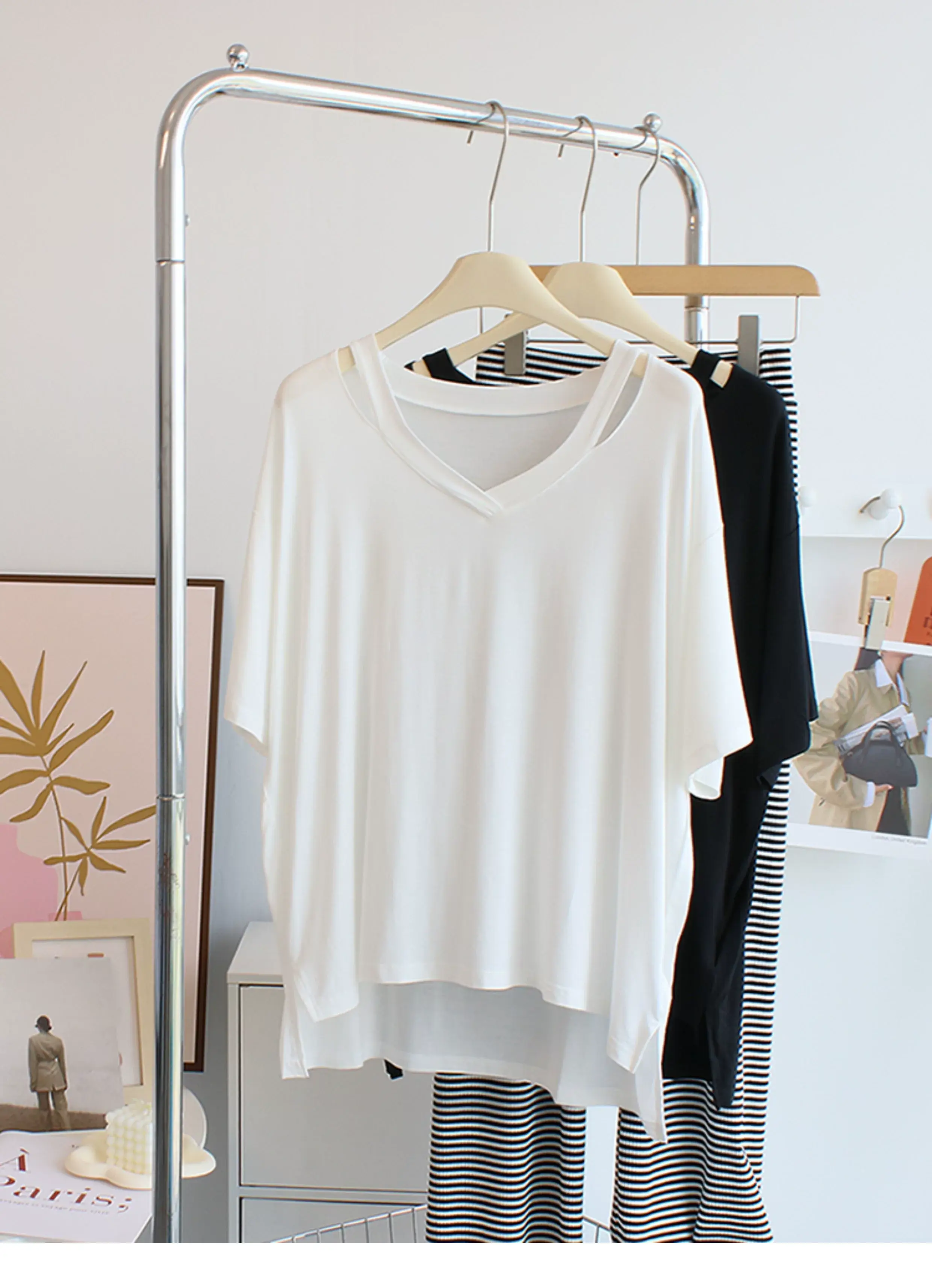 Women V-neck T-Shirt White Striped Pants Set — feature 2