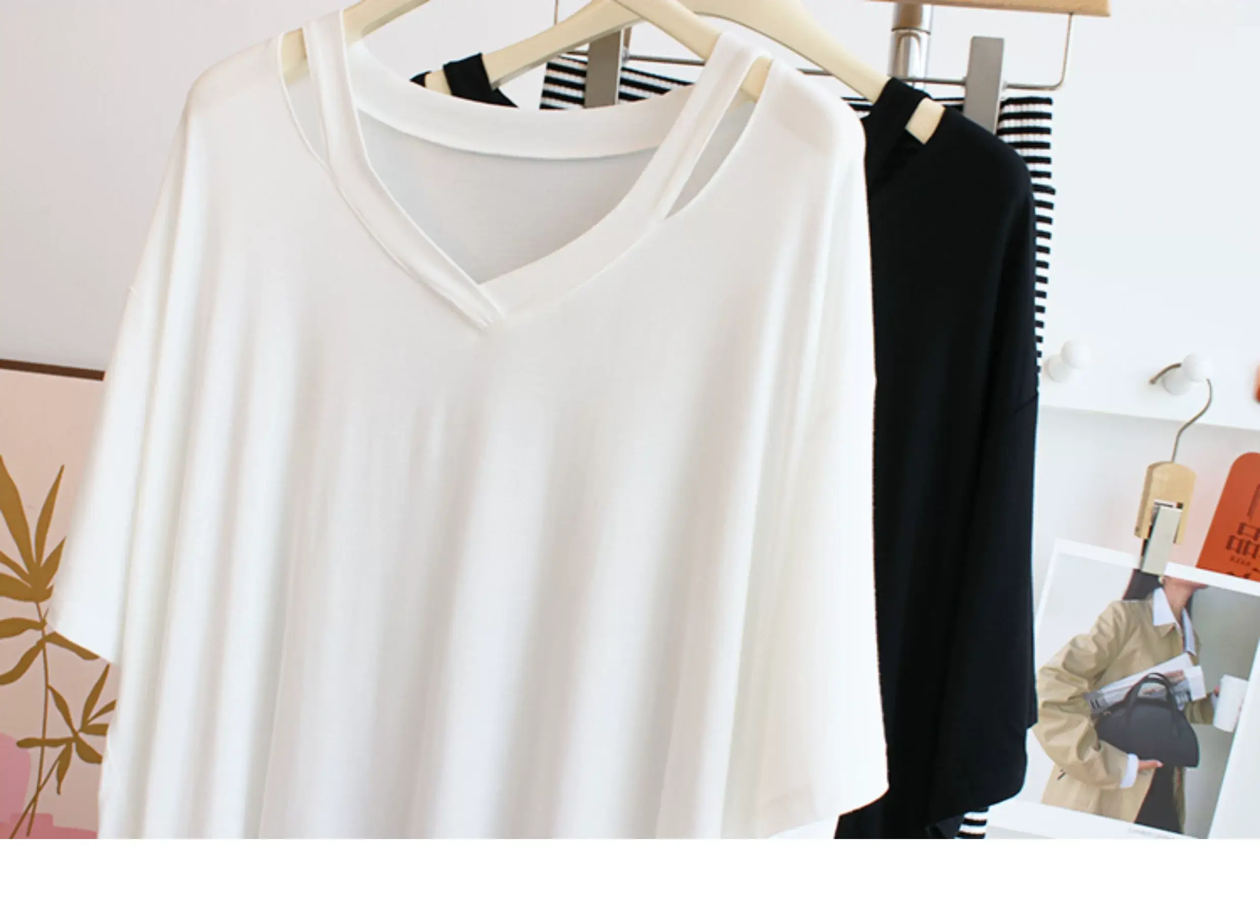 Women V-neck T-Shirt White Striped Pants Set — feature 4