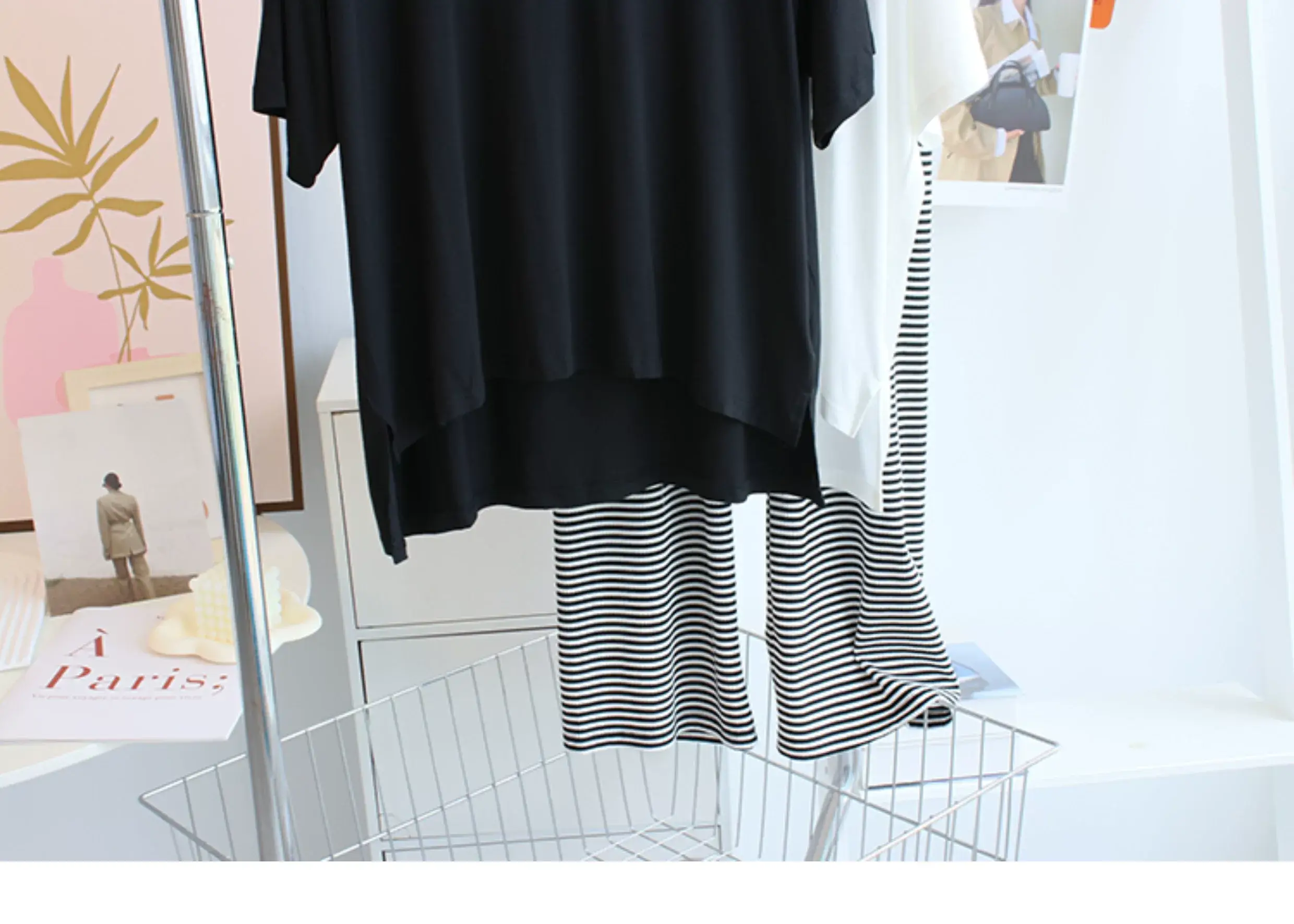 Women V-neck T-Shirt White Striped Pants Set — feature 9