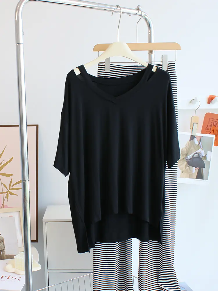 Women V-neck T-Shirt White Striped Pants Set - Image 2