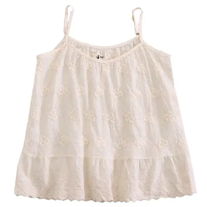 White Embroidered Cotton Sling Vest Top for Women - Image 5