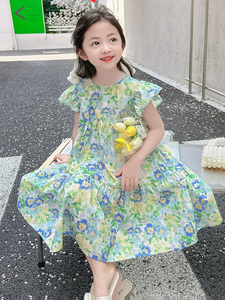 Girls Floral Cotton Ruffled Dress Summer Middle School - Image 3