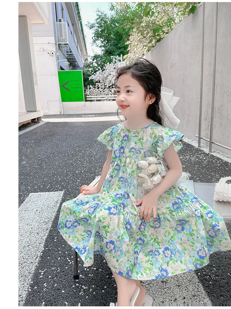 Girls Floral Cotton Ruffled Dress Summer Middle School — feature 14