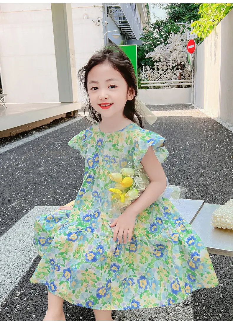 Girls Floral Cotton Ruffled Dress Summer Middle School — feature 15