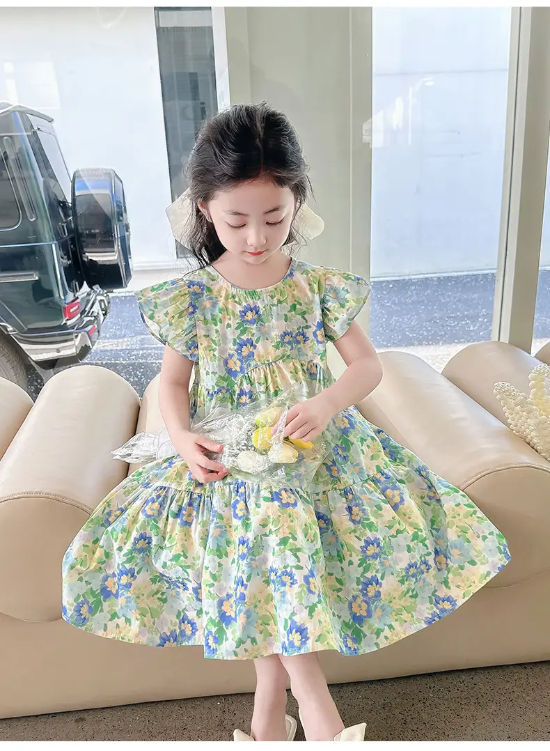 Girls Floral Cotton Ruffled Dress Summer Middle School — feature 16