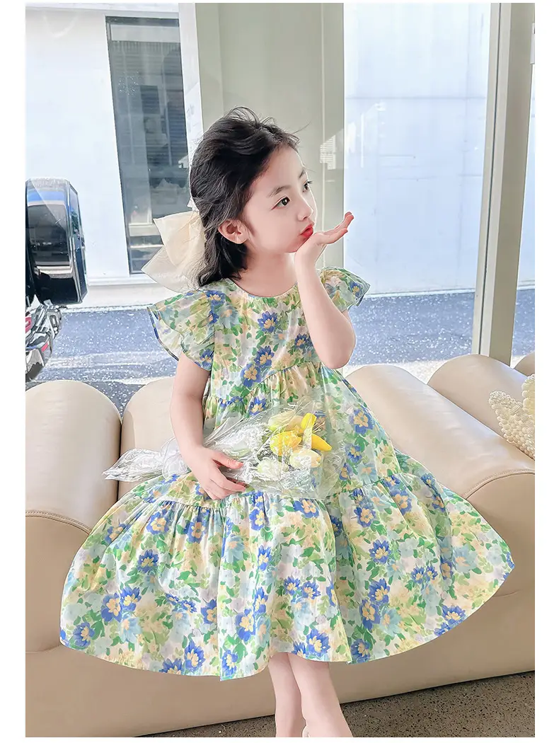 Girls Floral Cotton Ruffled Dress Summer Middle School — feature 17
