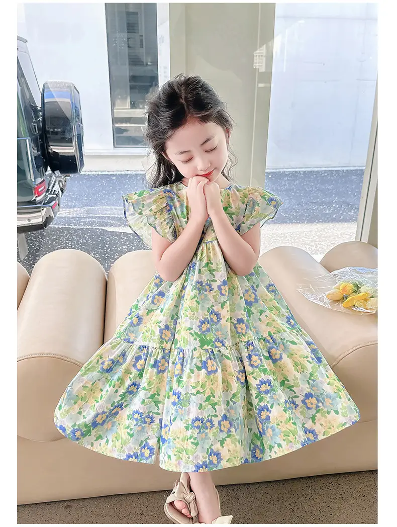 Girls Floral Cotton Ruffled Dress Summer Middle School — feature 18