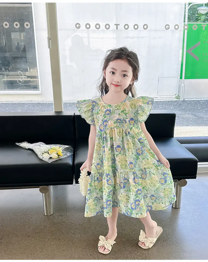 Girls Floral Cotton Ruffled Dress Summer Middle School — feature 19