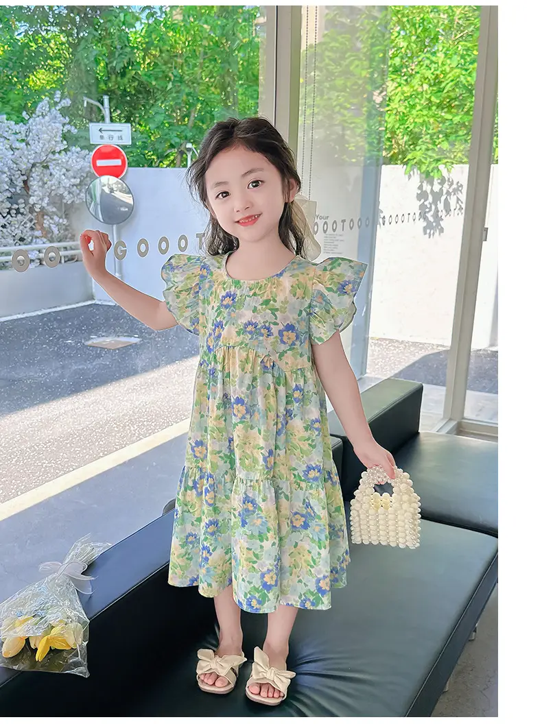Girls Floral Cotton Ruffled Dress Summer Middle School — feature 20