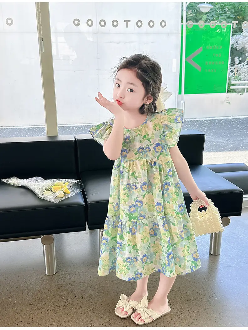 Girls Floral Cotton Ruffled Dress Summer Middle School — feature 21