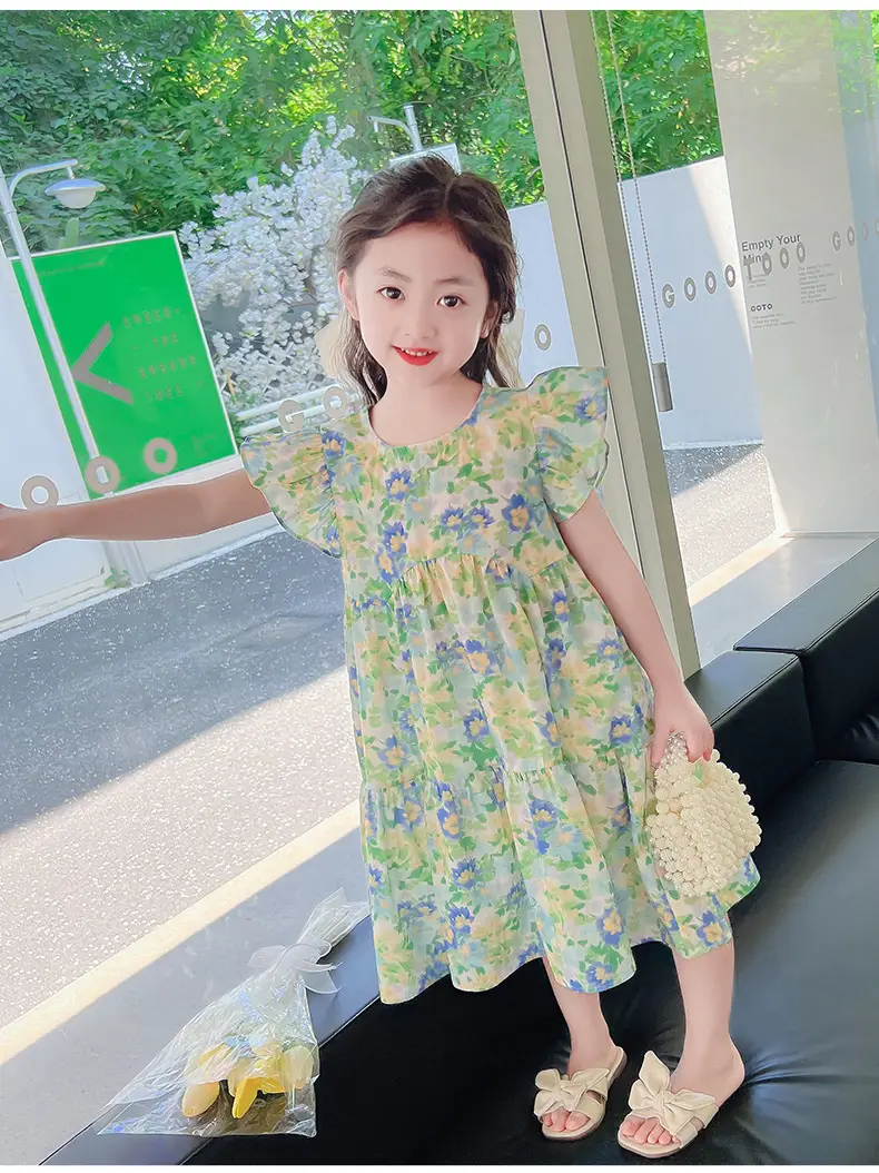 Girls Floral Cotton Ruffled Dress Summer Middle School — feature 23