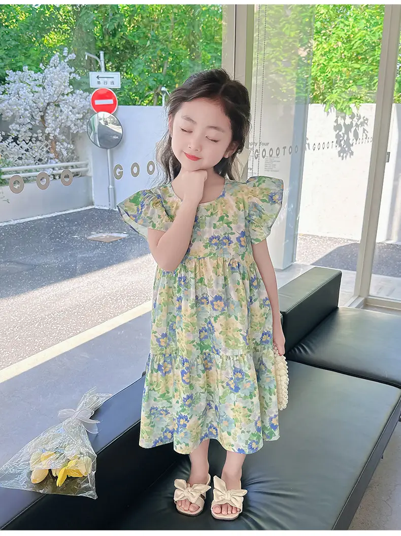 Girls Floral Cotton Ruffled Dress Summer Middle School — feature 24