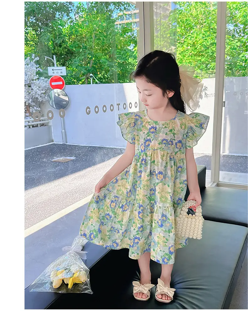 Girls Floral Cotton Ruffled Dress Summer Middle School — feature 25