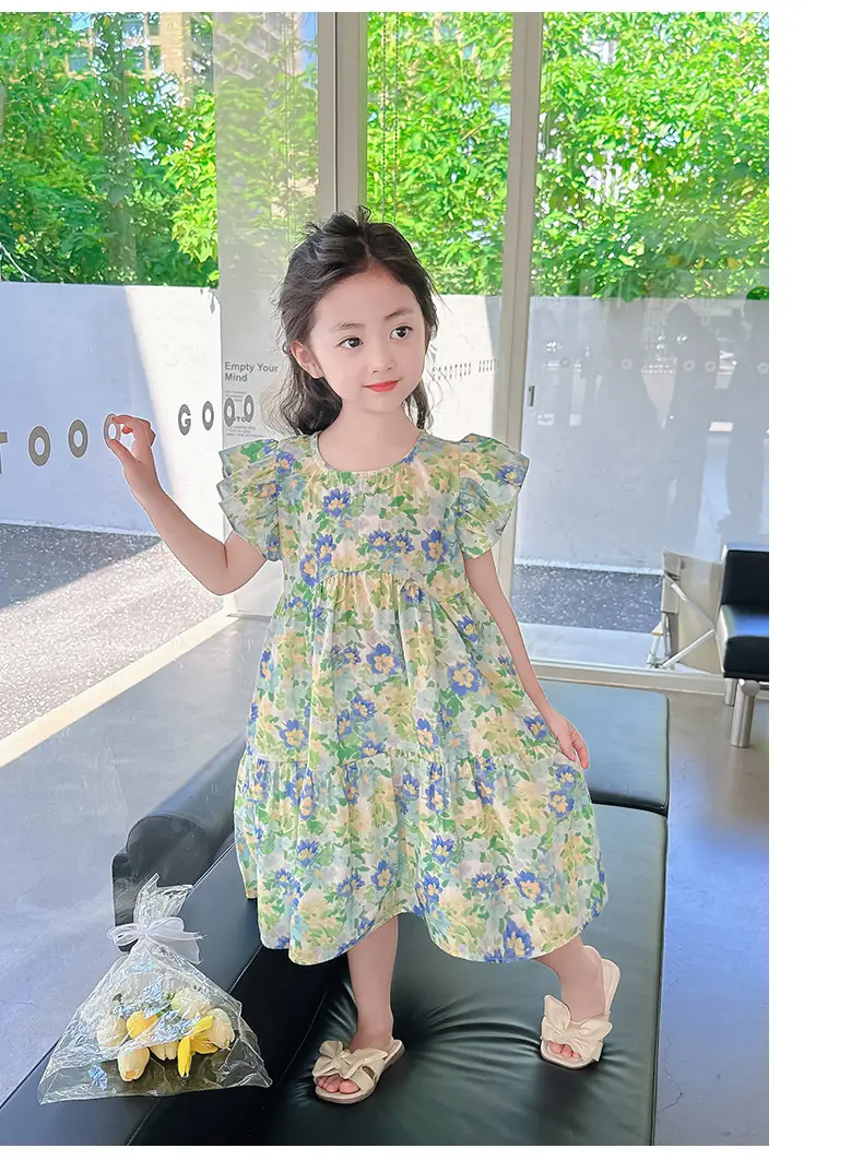 Girls Floral Cotton Ruffled Dress Summer Middle School — feature 26
