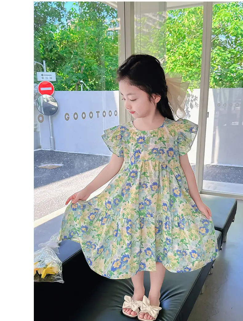 Girls Floral Cotton Ruffled Dress Summer Middle School — feature 27