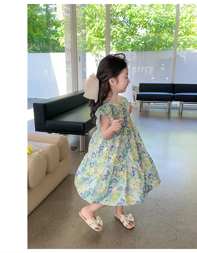 Girls Floral Cotton Ruffled Dress Summer Middle School — feature 28