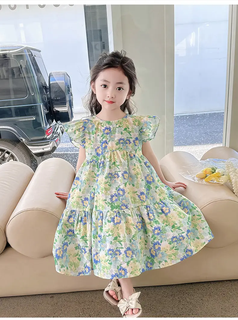 Girls Floral Cotton Ruffled Dress Summer Middle School — feature 30