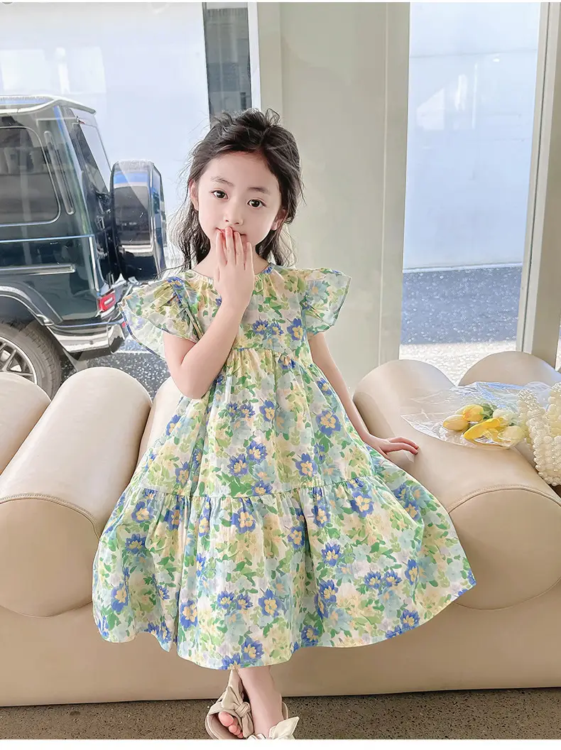 Girls Floral Cotton Ruffled Dress Summer Middle School — feature 31