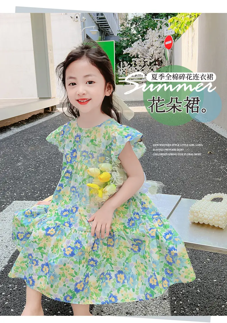 Girls Floral Cotton Ruffled Dress Summer Middle School — feature 4