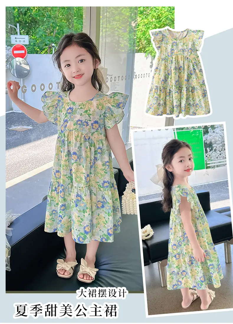 Girls Floral Cotton Ruffled Dress Summer Middle School — feature 7