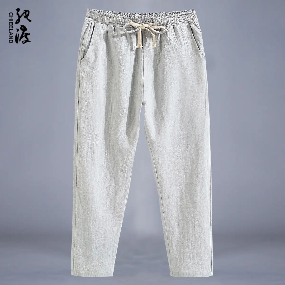Men Cotton Linen Straight Leg Pants Navy Blue Plus Size - Image 10