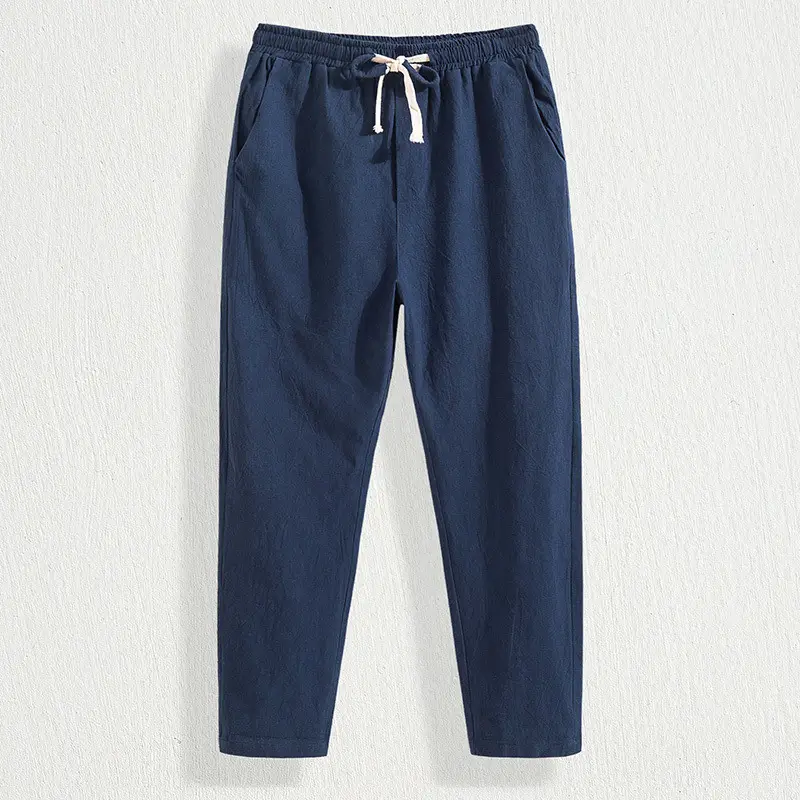Men Cotton Linen Straight Leg Pants Navy Blue Plus Size - Image 11