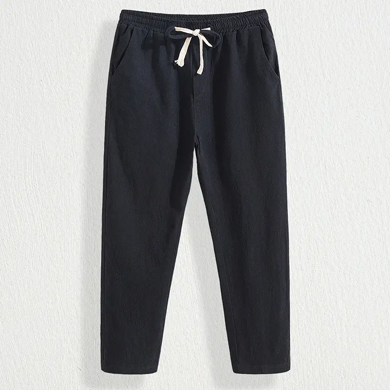 Men Cotton Linen Straight Leg Pants Navy Blue Plus Size - Image 12