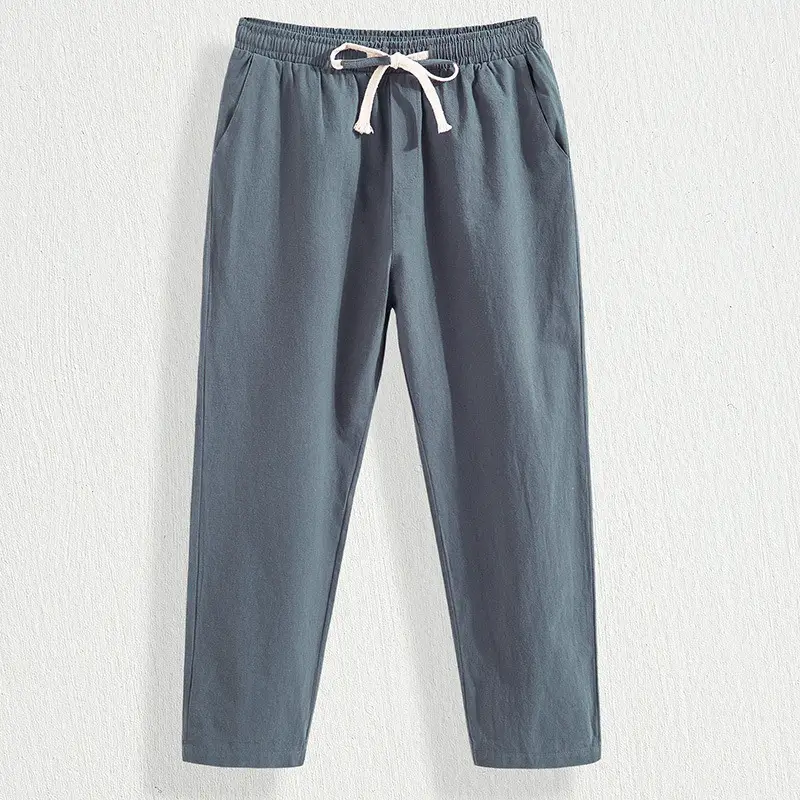 Men Cotton Linen Straight Leg Pants Navy Blue Plus Size - Image 13