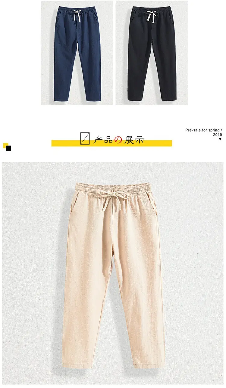 Men Cotton Linen Straight Leg Pants Navy Blue Plus Size — feature 5