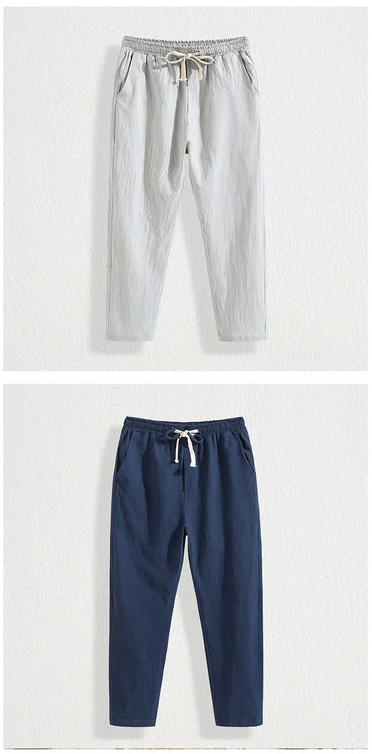Men Cotton Linen Straight Leg Pants Navy Blue Plus Size — feature 7