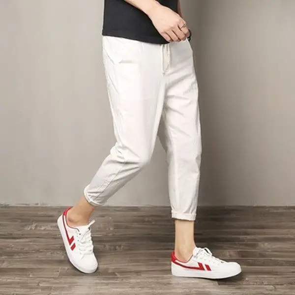 Men Cotton Linen Straight Leg Pants Navy Blue Plus Size - Image 2