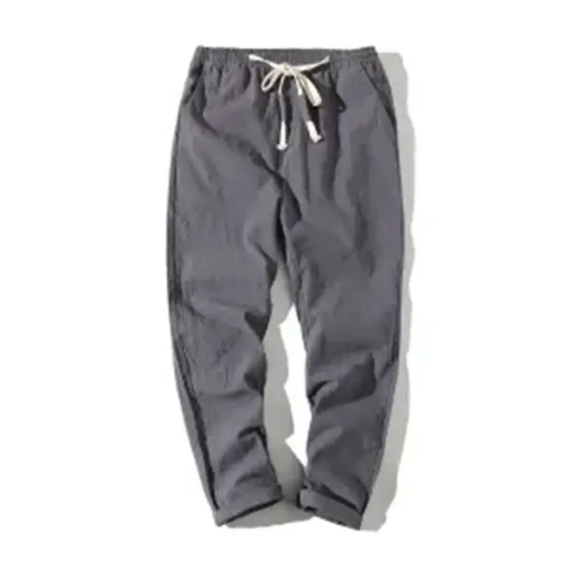 Men Cotton Linen Straight Leg Pants Navy Blue Plus Size - Image 4