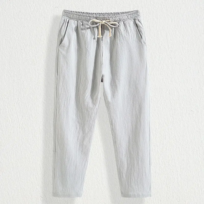 Men Cotton Linen Straight Leg Pants Navy Blue Plus Size - Image 5