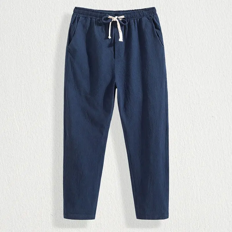 Men Cotton Linen Straight Leg Pants Navy Blue Plus Size - Image 6