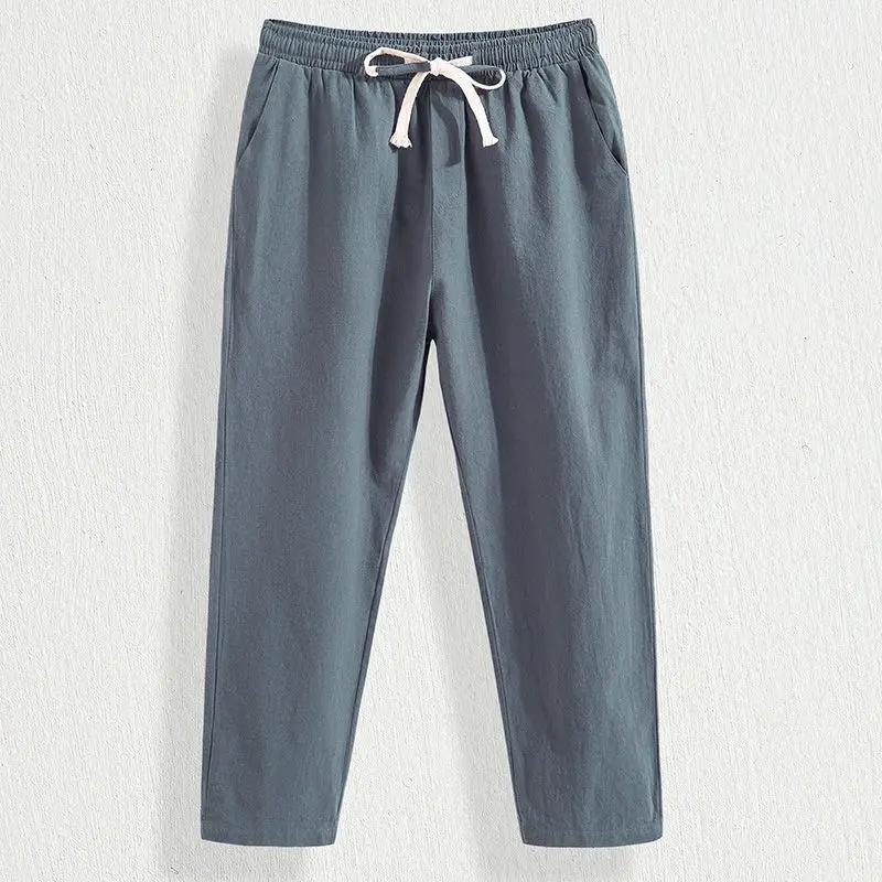Men Cotton Linen Straight Leg Pants Navy Blue Plus Size - Image 7