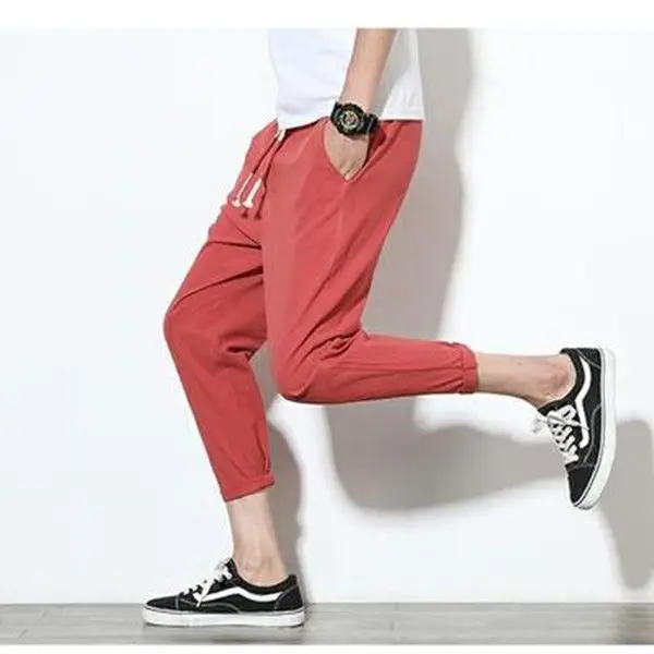 Men Cotton Linen Straight Leg Pants Navy Blue Plus Size - Image 8
