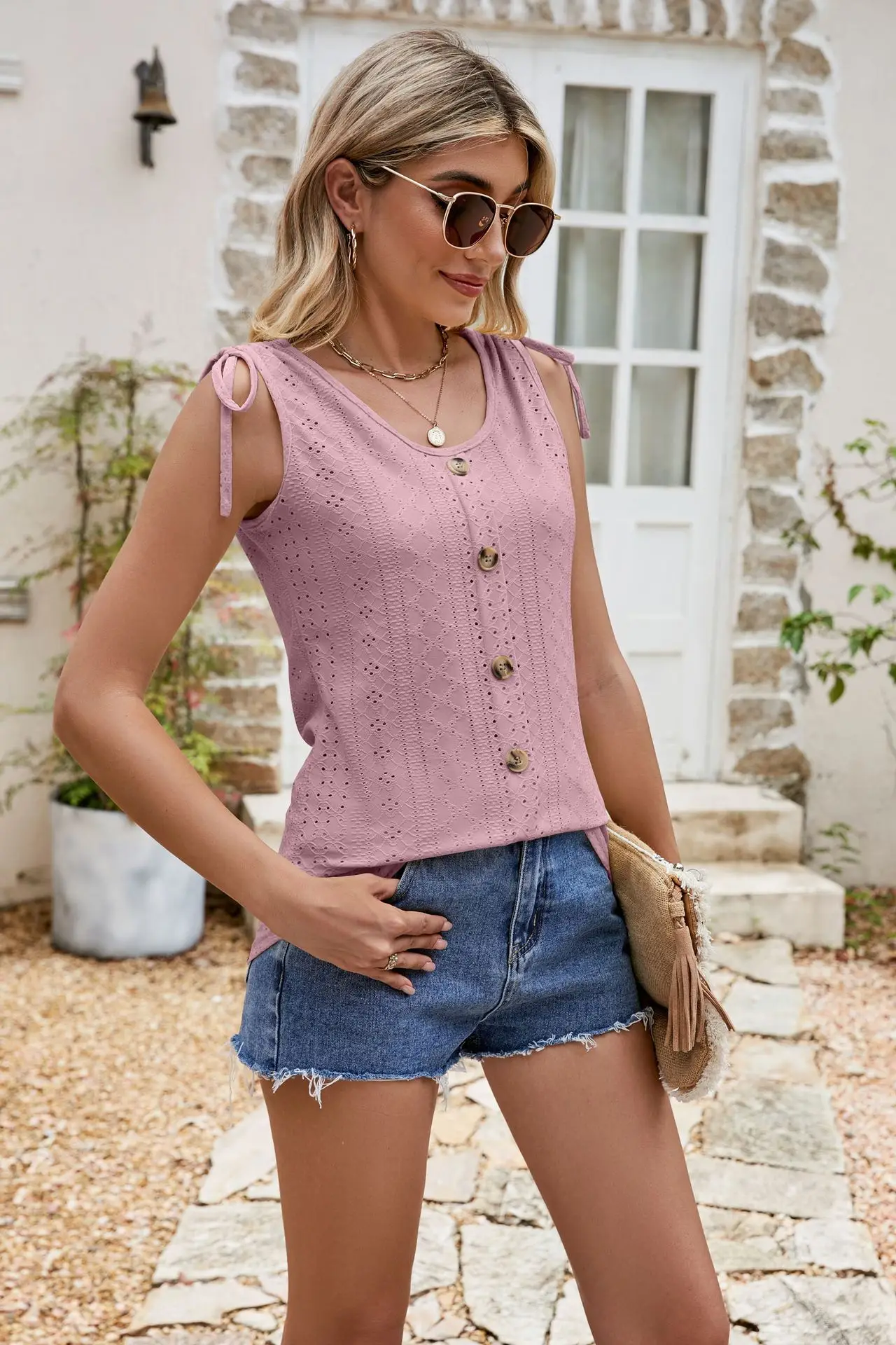 Ladies Sleeveless Button Sling Top Pink Denim Shorts — feature 23