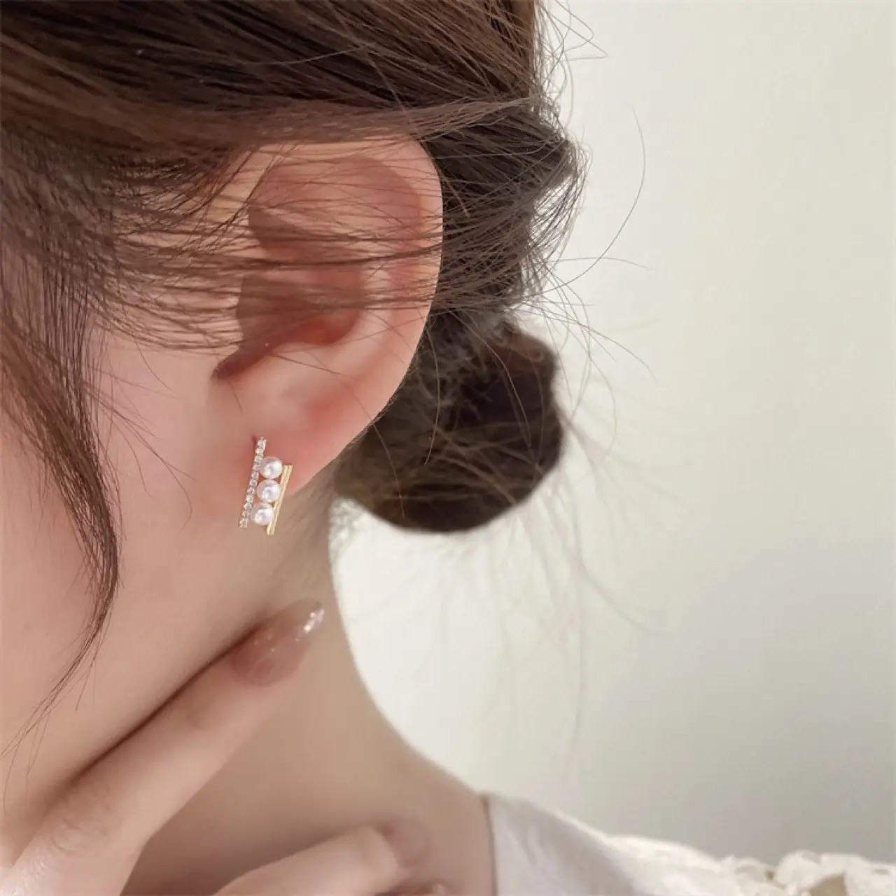 Wood Ear Earrings with Natural Freshwater Pearl & Micro Diamond Design - Image 2