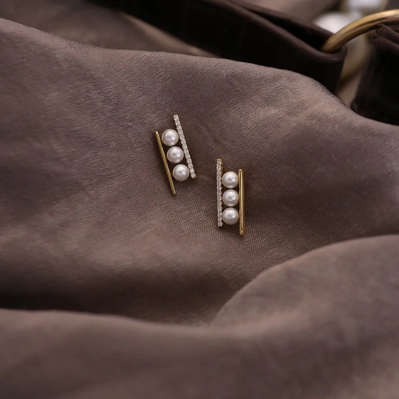 Wood Ear Earrings with Natural Freshwater Pearl & Micro Diamond Design - Image 4