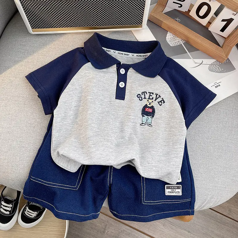 Summer Boys Polo Shirt Shorts Set Blue Grey 2026 - Image 2