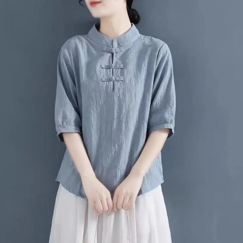 Women Cotton Linen T-Shirt White Three Quarter Sleeve Literary Style - Image 5