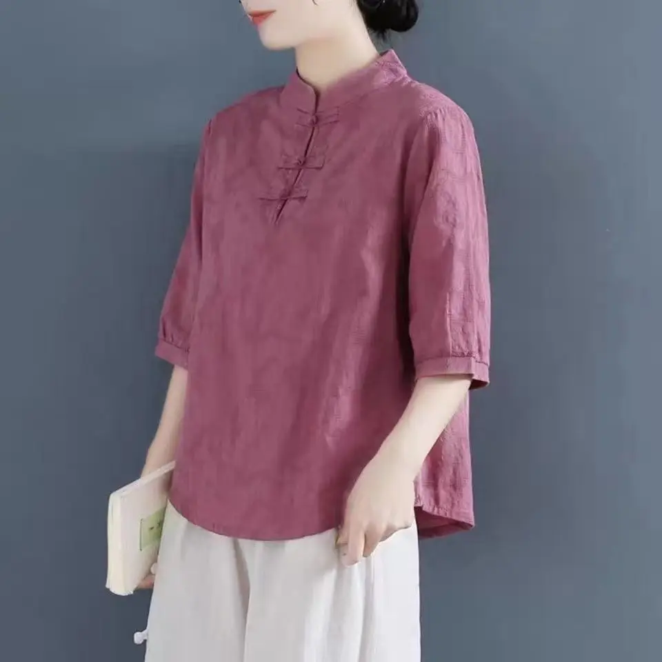 Women Cotton Linen T-Shirt White Three Quarter Sleeve Literary Style - Image 7