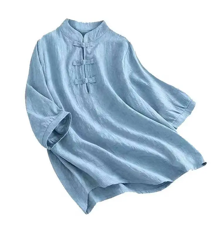 Women Cotton Linen T-Shirt White Three Quarter Sleeve Literary Style - Image 9