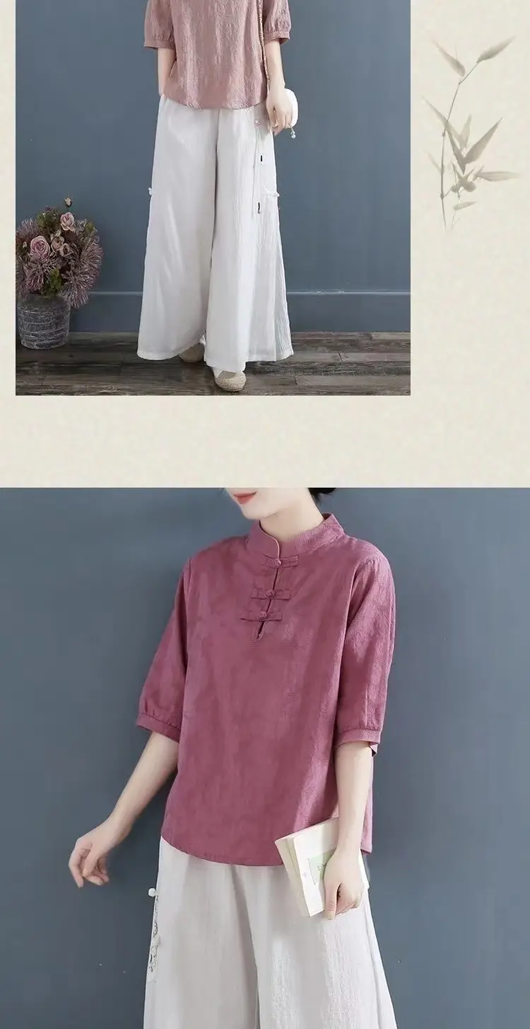 Women Cotton Linen T-Shirt White Three Quarter Sleeve Literary Style — feature 10