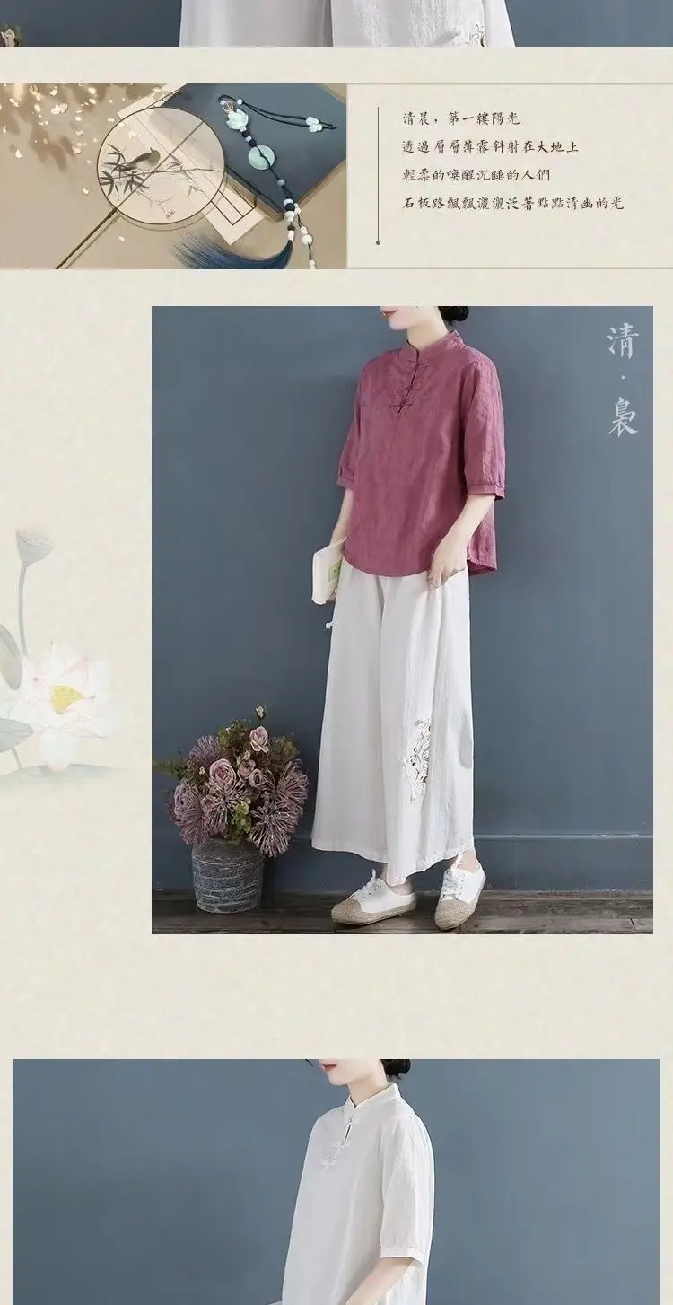 Women Cotton Linen T-Shirt White Three Quarter Sleeve Literary Style — feature 11