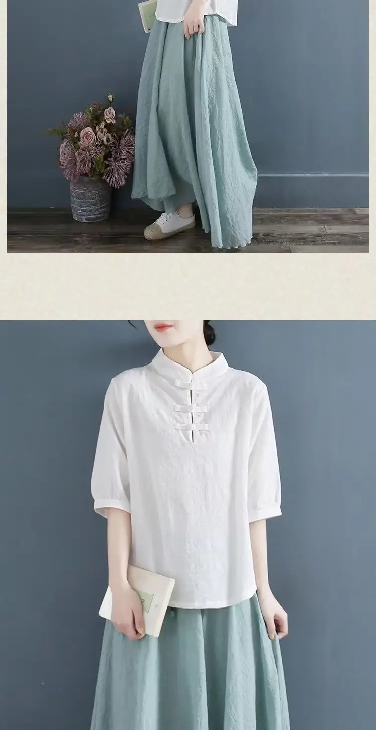 Women Cotton Linen T-Shirt White Three Quarter Sleeve Literary Style — feature 12
