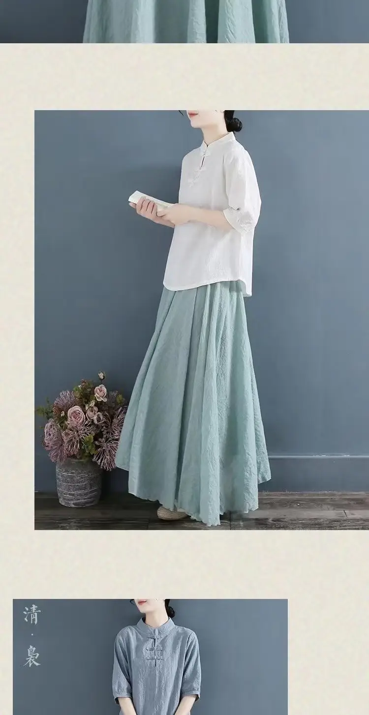 Women Cotton Linen T-Shirt White Three Quarter Sleeve Literary Style — feature 13