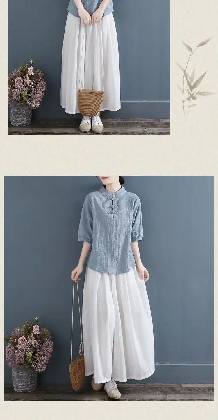 Women Cotton Linen T-Shirt White Three Quarter Sleeve Literary Style — feature 14