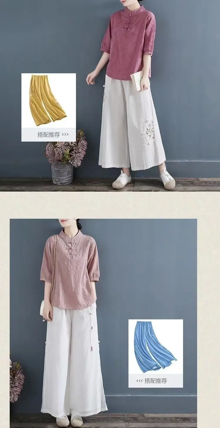 Women Cotton Linen T-Shirt White Three Quarter Sleeve Literary Style — feature 6