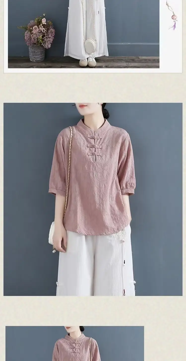 Women Cotton Linen T-Shirt White Three Quarter Sleeve Literary Style — feature 9